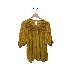 Acos&a Smocked Floral Blouse Keyhole Neckline Striped‎ Top X-Large